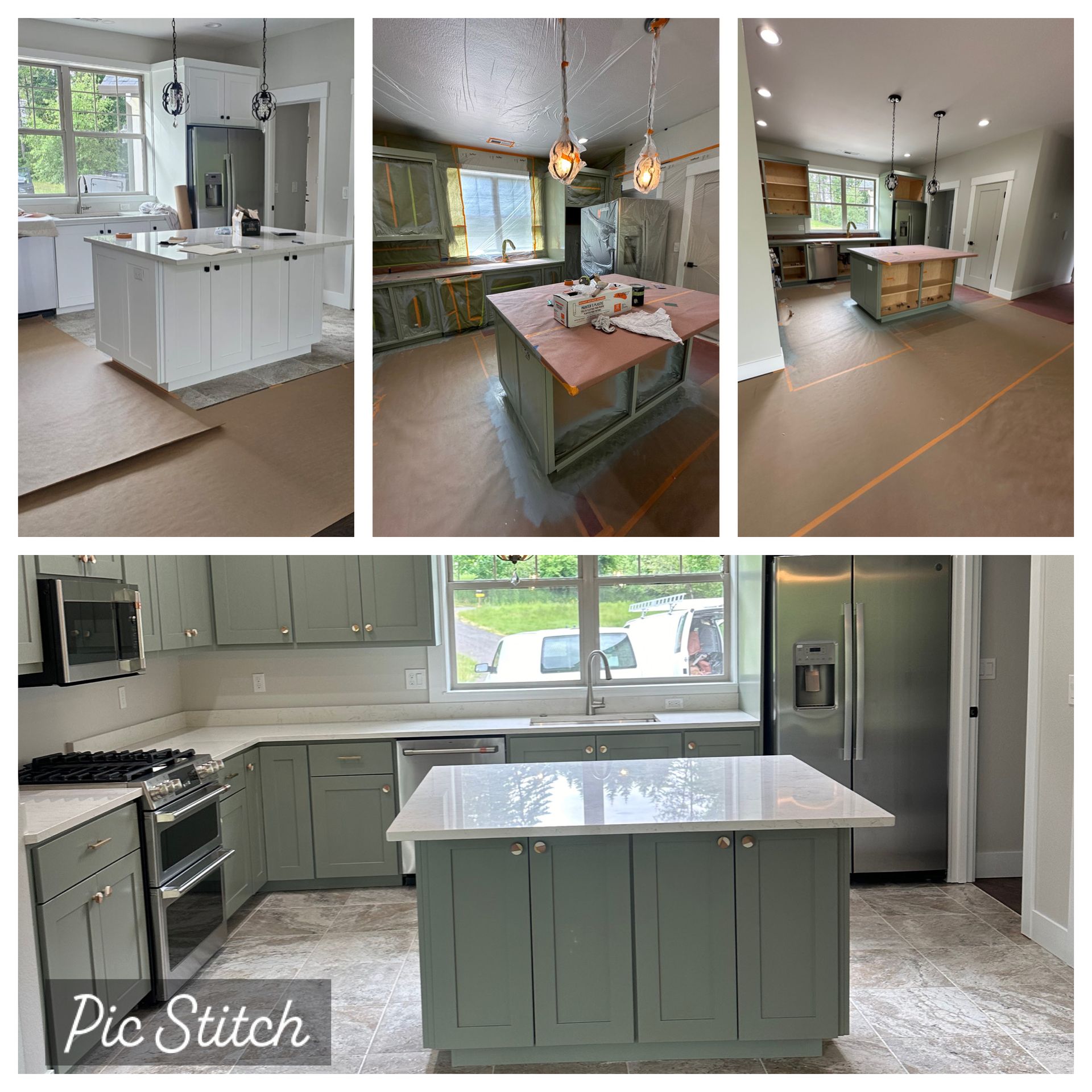 A collage of pictures of a kitchen under construction