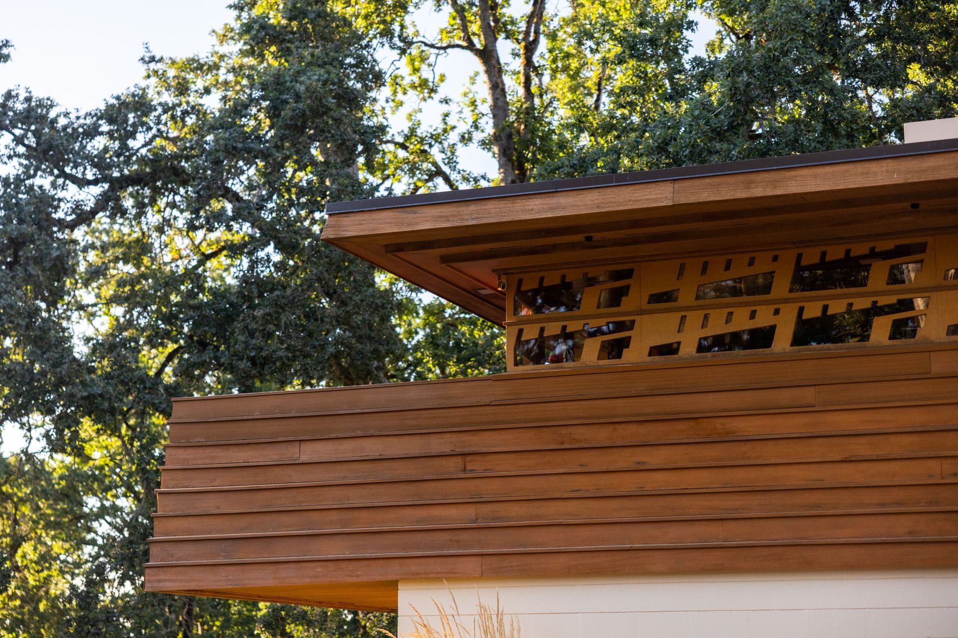 Wooden roof with decorative cutouts and surrounding trees.