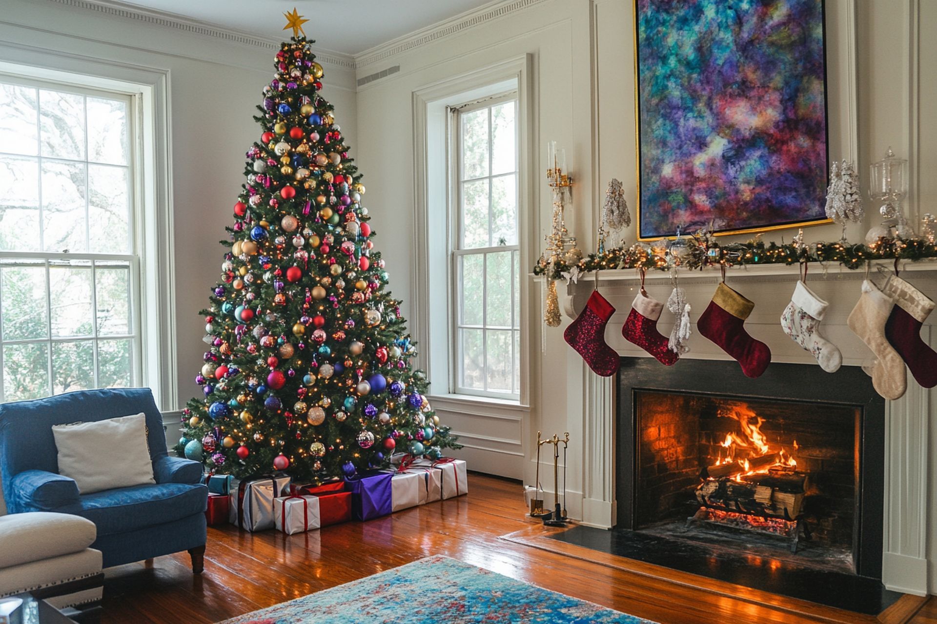 A festive living room with a decorated Christmas tree, fireplace with stockings, and presents.