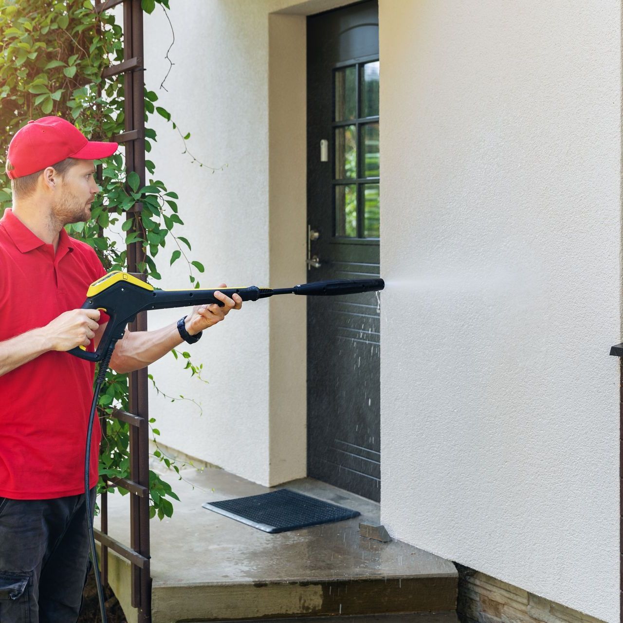 A man is cleaning the side of a house with a high pressure washer.