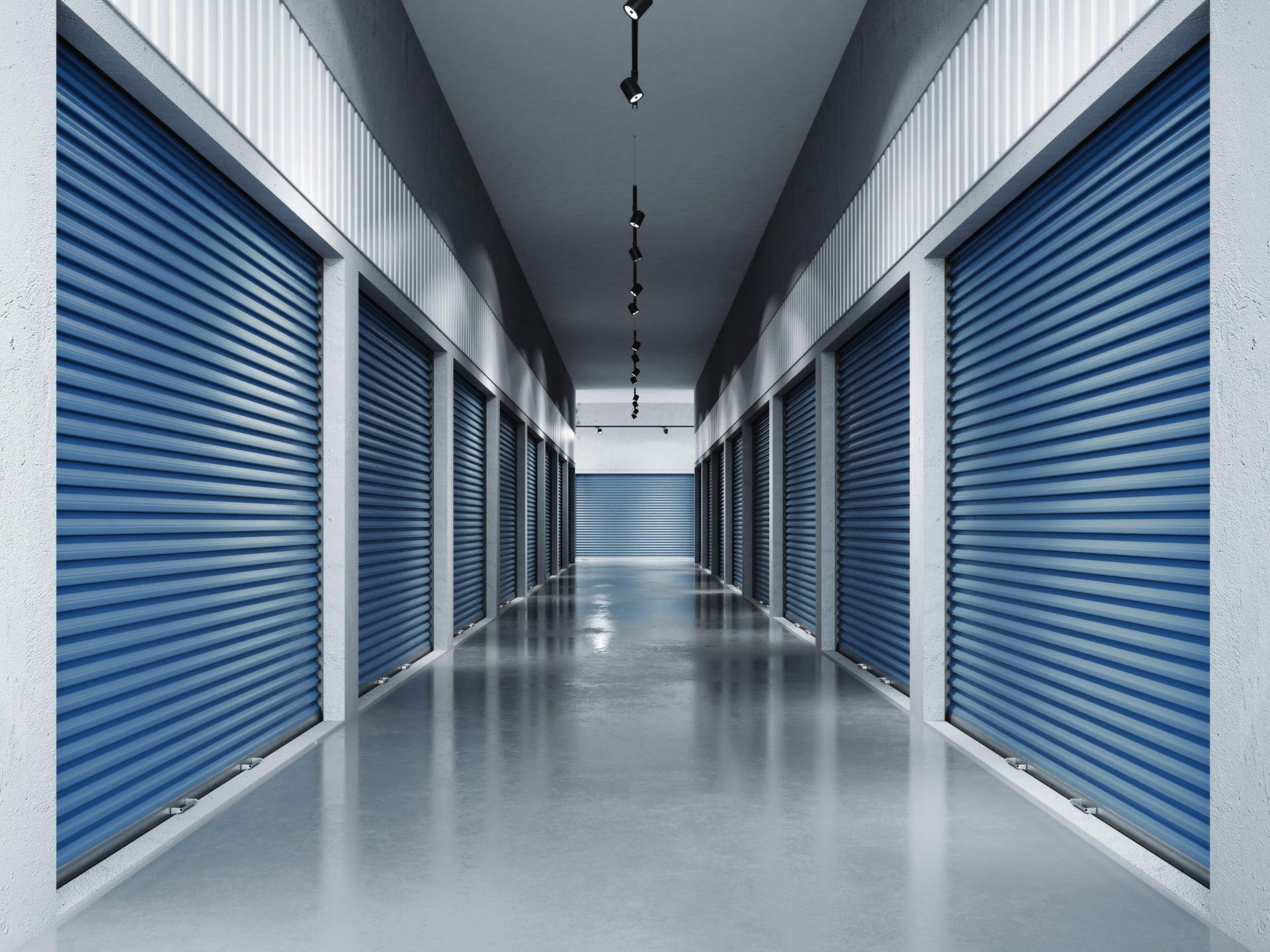 An empty hallway with blue shutters on the doors