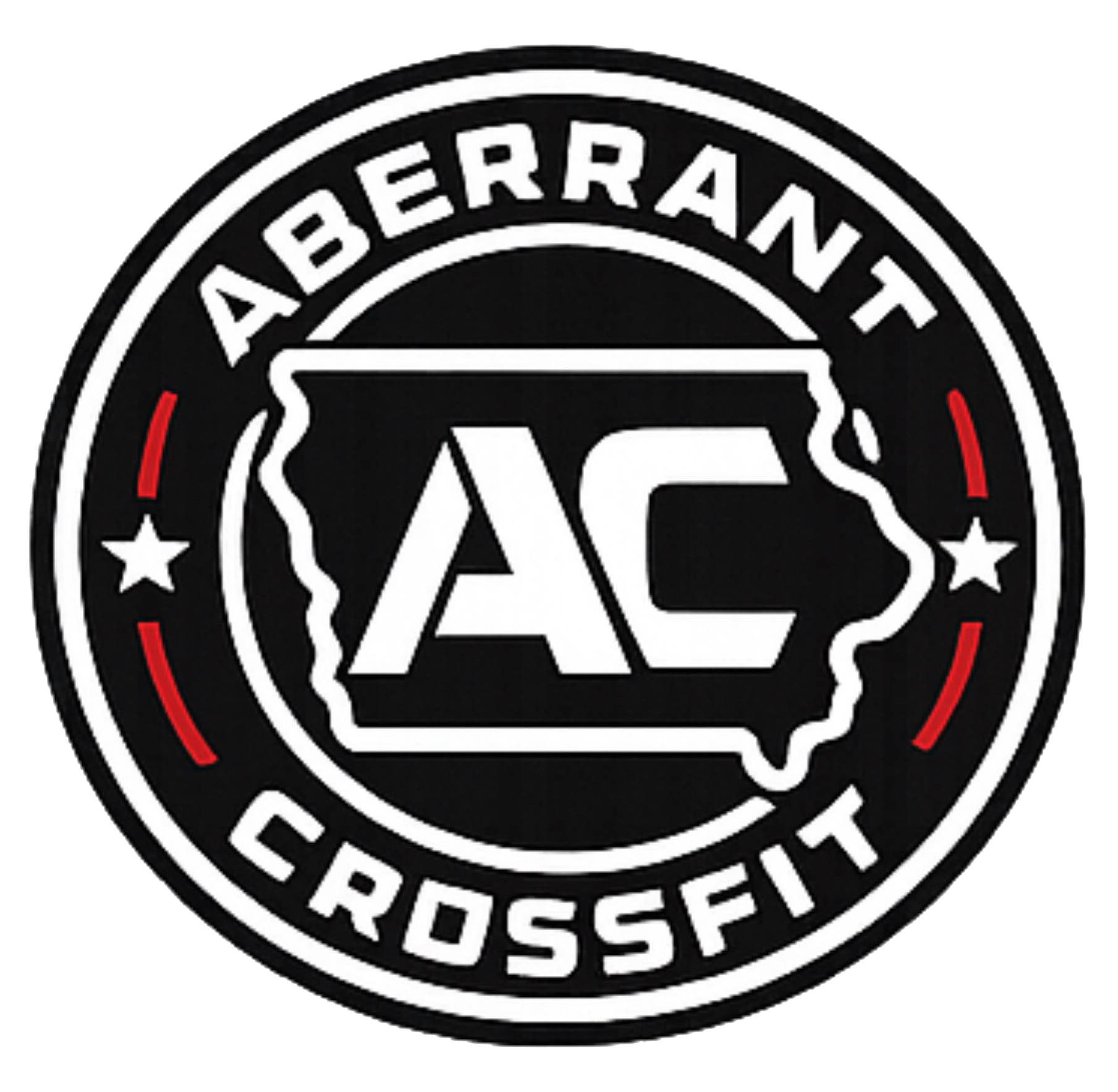 Aberrant CrossFit logo: Black and white circle with "ABERRANT CROSSFIT" text, Iowa outline, and "AC" initials.