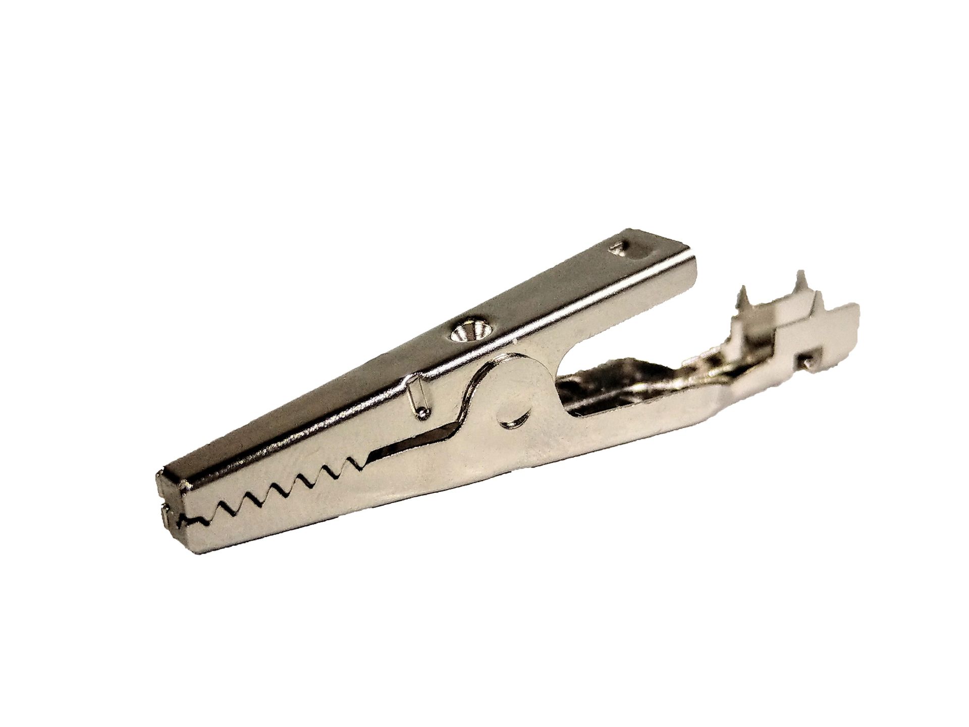 A close up of a metal crocodile clip on a white background