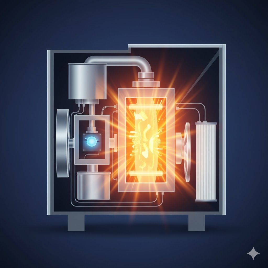 Man in overalls examines a white wall-mounted air conditioner unit. White brick wall background.