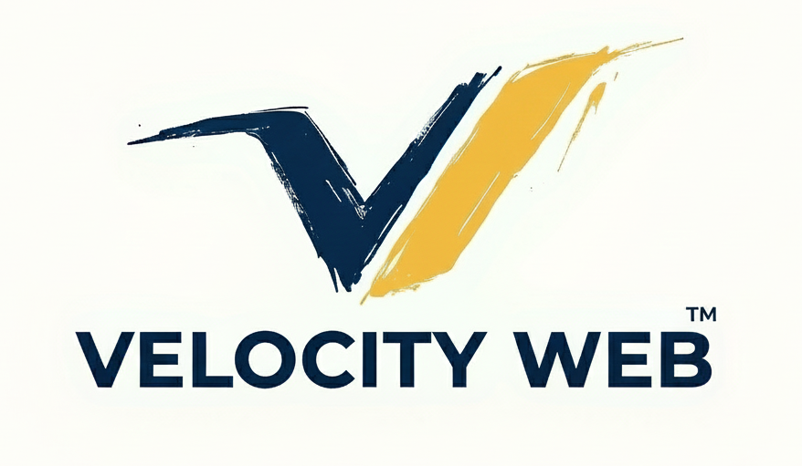 Velocity Web logo: Blue and gold brushstroke