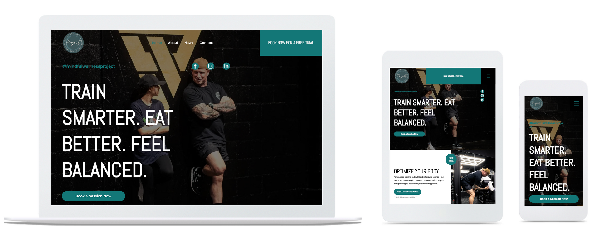 Website design on a laptop, tablet, and phone, advertising fitness services.