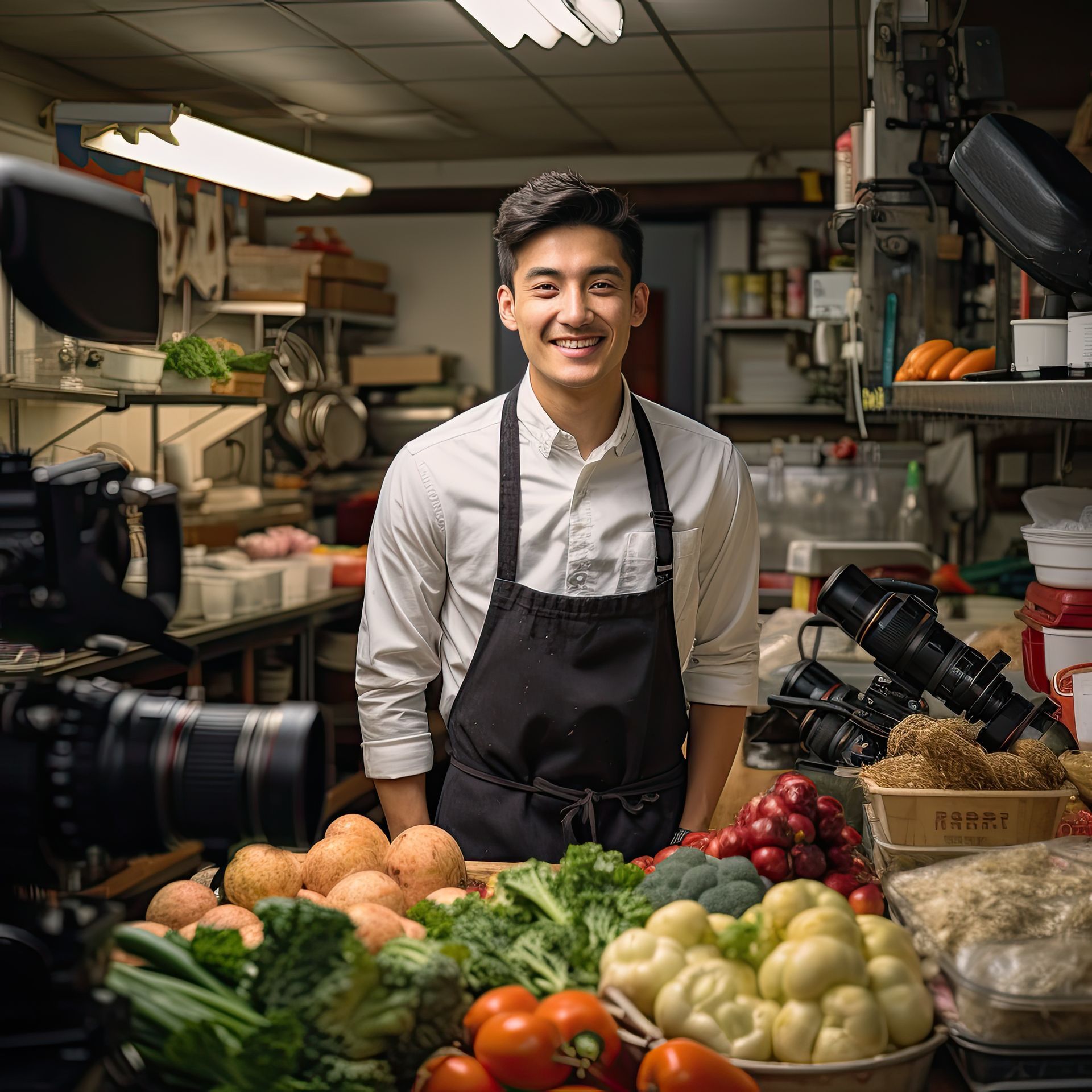 A man in an apron is standing in front of a table full of vegetables.