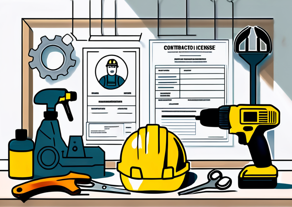 Construction tools and documents on a workbench: spray bottle, drill, hard hat, and a contractor's license.