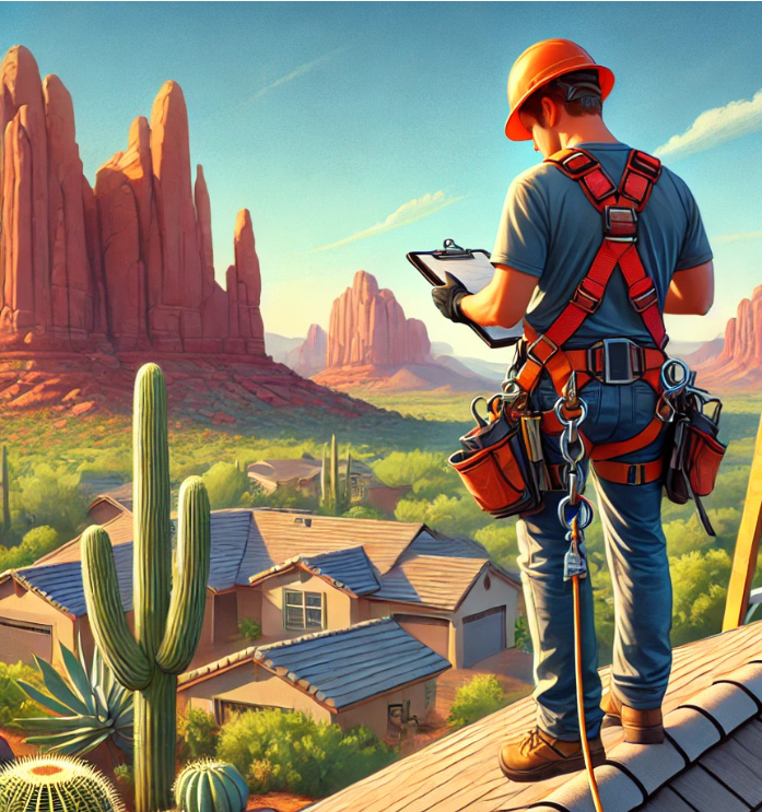 Roofer on a residential roof in the desert, wearing a safety harness and helmet, inspecting notes.