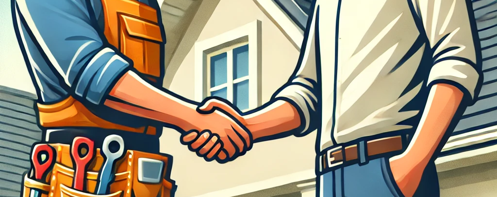 Two people shaking hands, construction worker and homeowner, in front of a house.