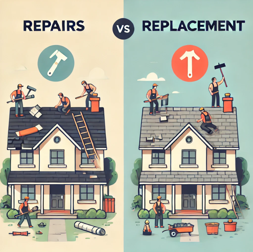 Illustration comparing roof repairs (left) and replacement (right). Workers fix roofs with tools.