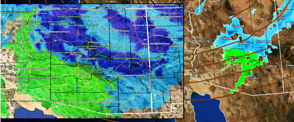 Weather map showing precipitation patterns over a region, with green, blue and brown colors.