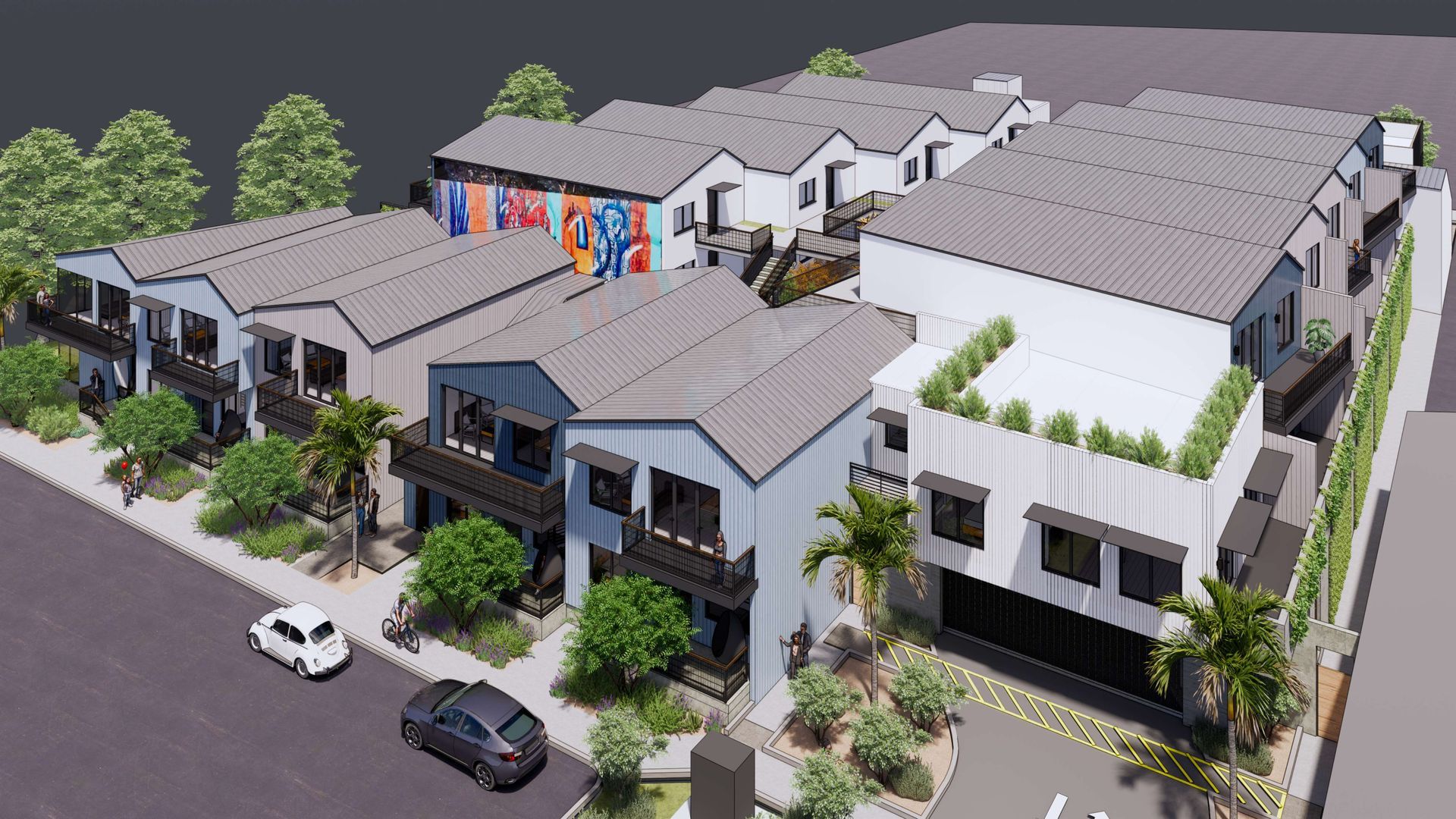 An aerial rendering shows a modern, two-story complex with light-colored metal roofs and a mural. Palm trees line the walkways.