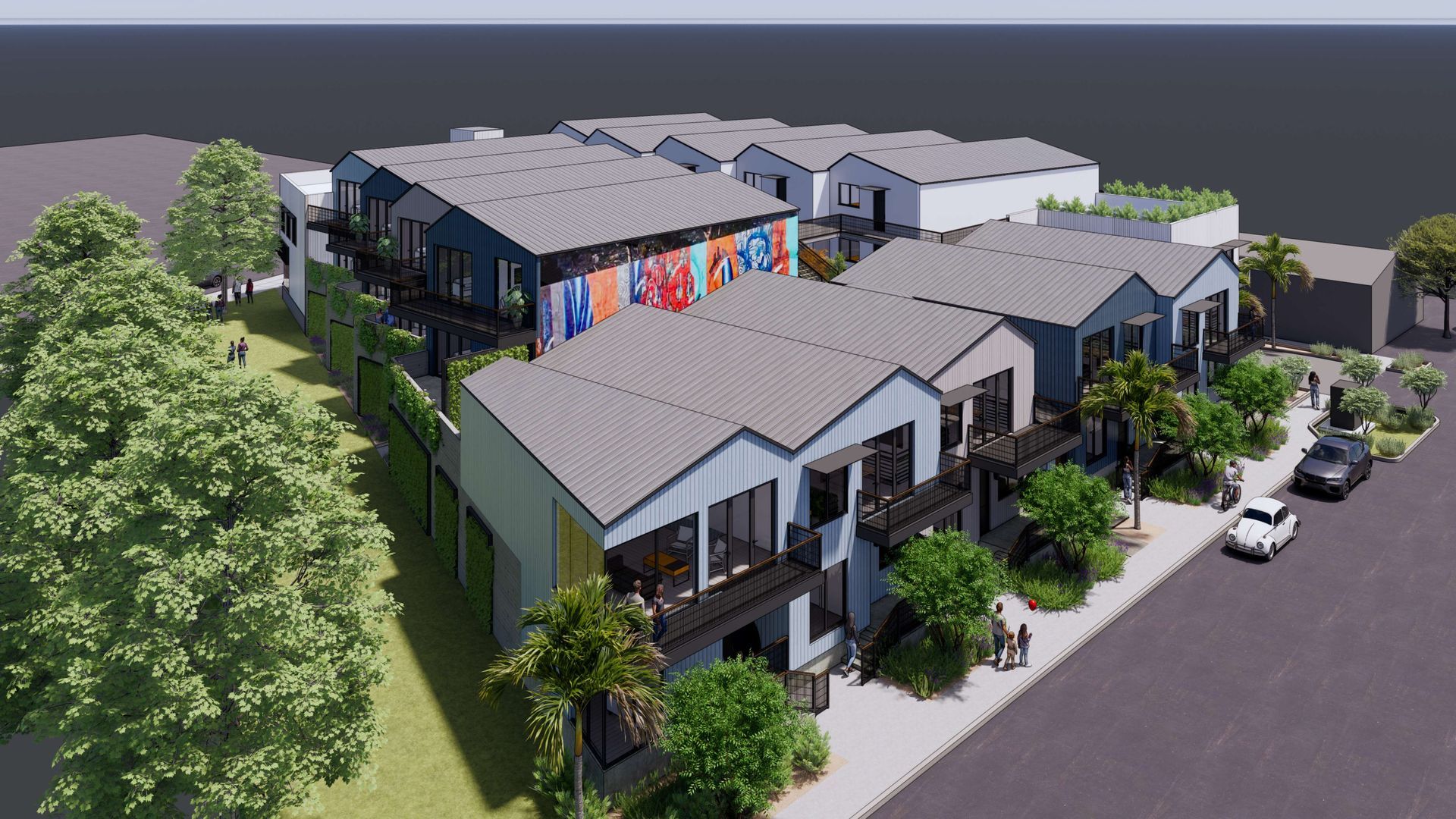 Rendering of modern two-story townhomes with gray and blue siding, balconies, and landscaped yards.