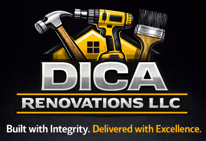 Logo for DICA Renovations LLC: Black house outline with hammer, brown roof accents, and bold black text.