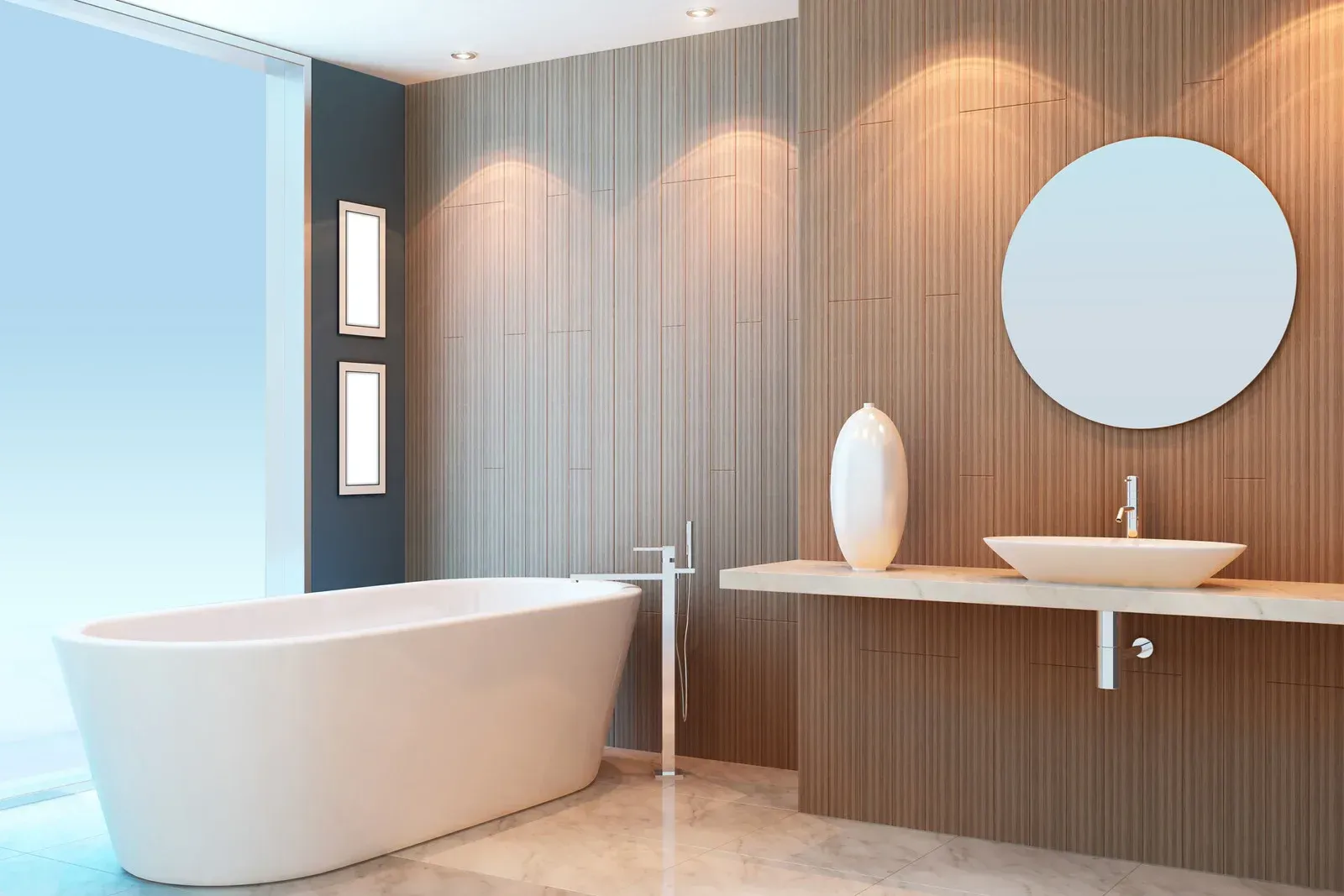Modern bathroom with a white tub, wooden walls, and a circular mirror.