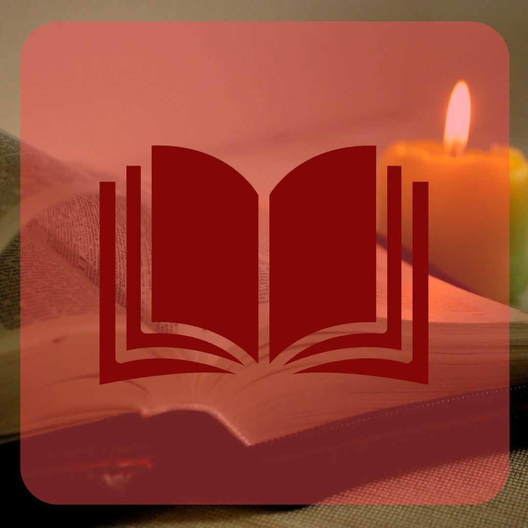 Open book overlaid with a dark red outline, candle in the background, warm tones.