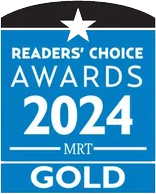 A blue sign that says readers choice awards 2023 gold