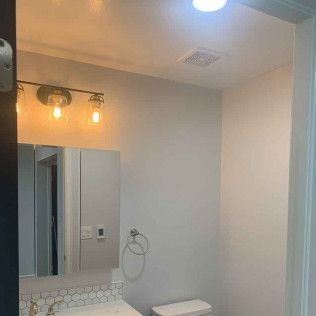 Bathroom interior with a light fixture over a mirror, a towel ring, and a toilet.