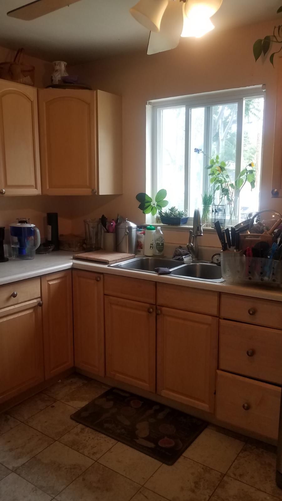 Kitchen with light wood cabinets, a window with plants, and a sink.