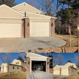 Three views of a two-car garage with brick columns, tan doors and siding, on a sunny day.
