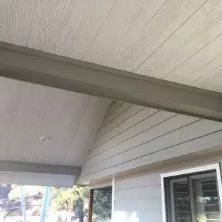 Gray-painted porch ceiling and trim with white wood-look planks. Light fixture. View of windows and exterior wall.