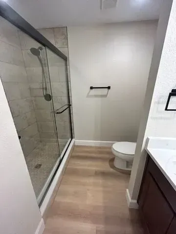 Bathroom with shower, toilet, and vanity. Light wood-look flooring, light walls, and dark fixtures.