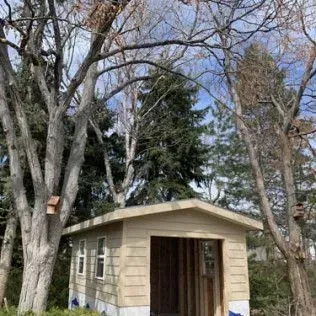 Small beige shed with open doorway, set among trees and a partly cloudy sky.