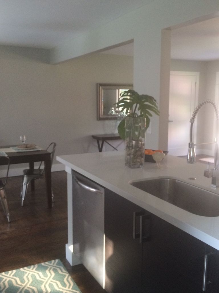 Kitchen interior with white countertop, dark cabinets, stainless steel sink, and a plant in a glass vase.