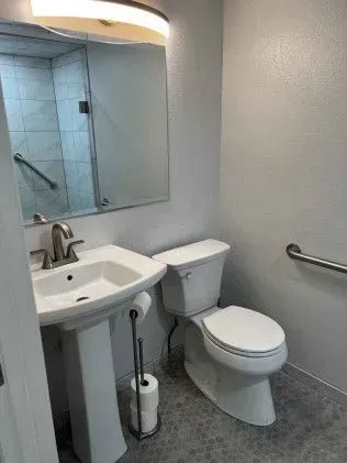 Bathroom with a white pedestal sink, toilet, and a silver handrail.