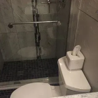 Small bathroom with a toilet and shower visible. Tissue box sits on the toilet tank.