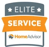 HomeAdvisor Elite Service badge: gray, orange, and white logo with stars.