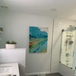 Bathroom with artwork, shower, and small plants on a white countertop.