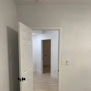 Open white door leads to a hallway and doorway, light wood floors, white walls.