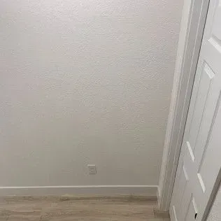 White textured wall with light wood floor and a white door in the corner.