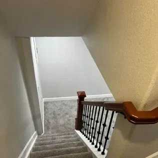 Looking down a carpeted staircase with a dark wood handrail, black spindles, and neutral walls.