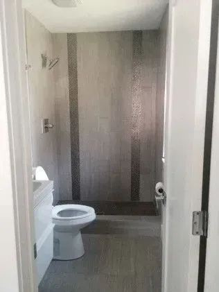 Bathroom with gray tiled shower and toilet; viewed from the doorway.