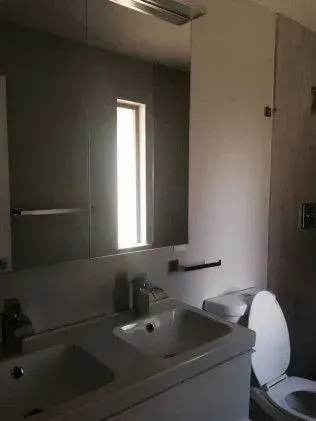 Bathroom with double sinks, toilet, and a large mirror with a window reflecting light.