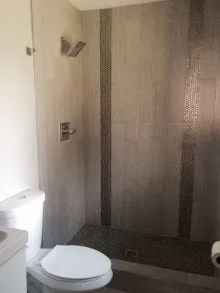 Gray tiled shower with a toilet, a shower head, and a decorative border.