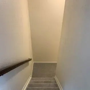 Staircase with carpeted steps leading downwards. Beige walls and a wooden handrail are visible.