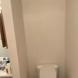 Toilet in a small bathroom. Light-colored walls, white toilet, and a small counter are visible.