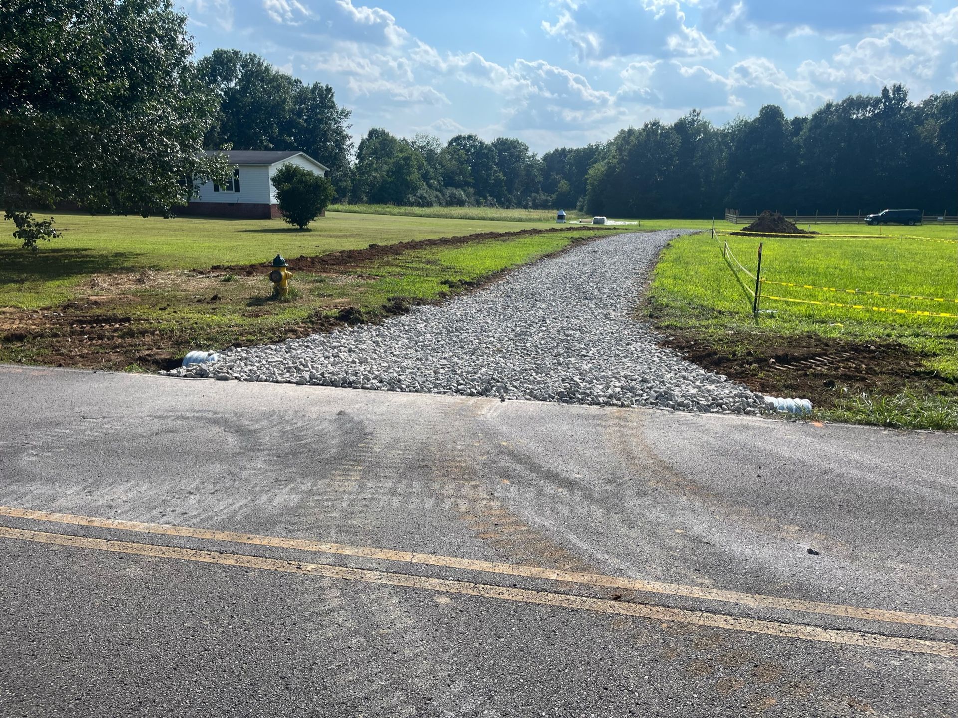 A dirt road going through a grassy field with a house in the background.