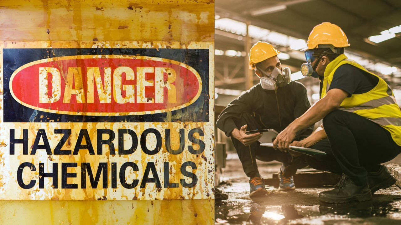 Two men wearing hard hats and masks are kneeling in front of a sign that says danger hazardous chemicals.