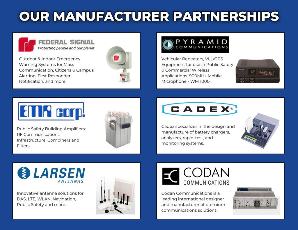 A blue background with a list of manufacturer partnerships