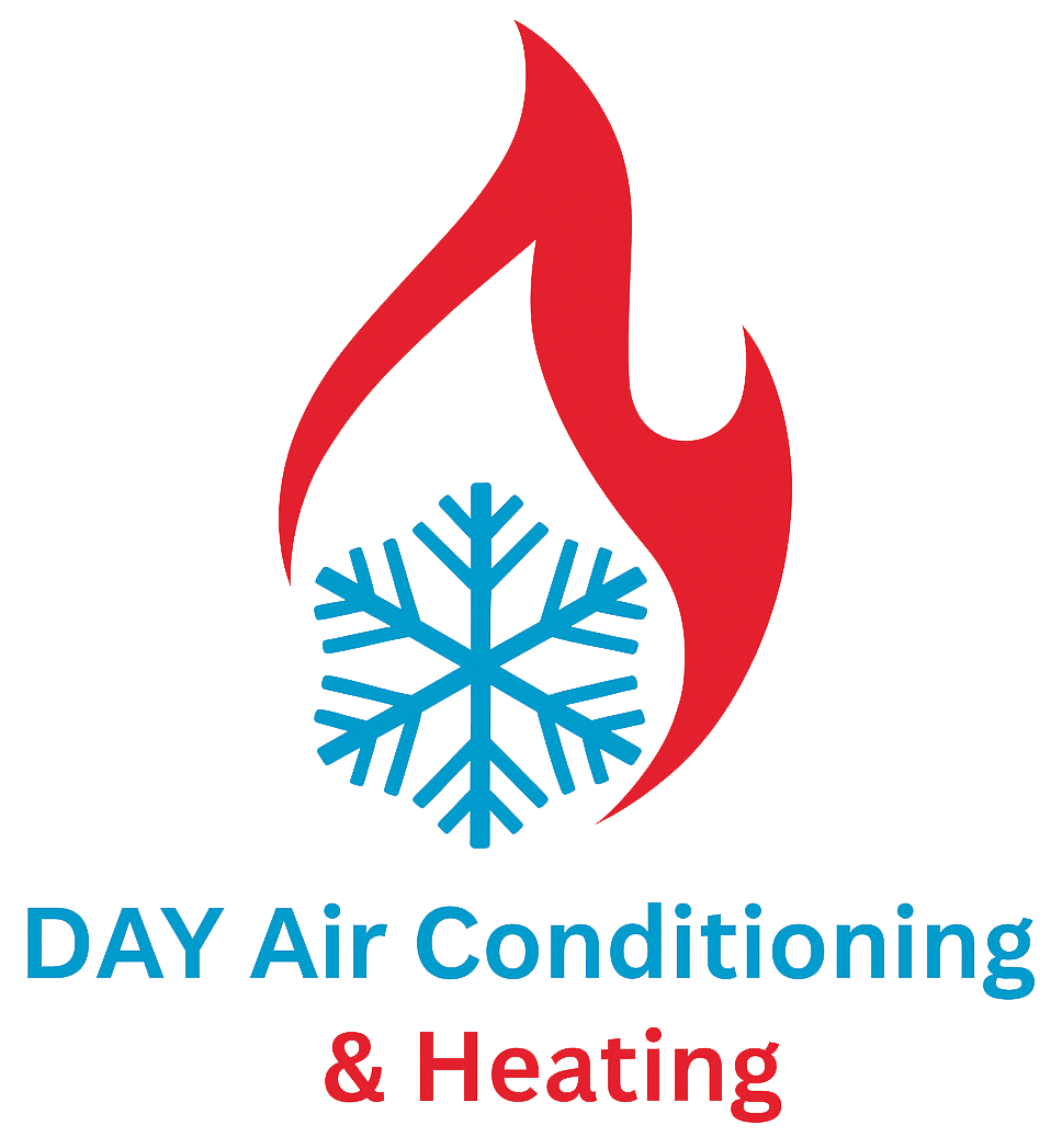 Logo: Red flame around a blue snowflake; "DAY Air Conditioning & Heating".