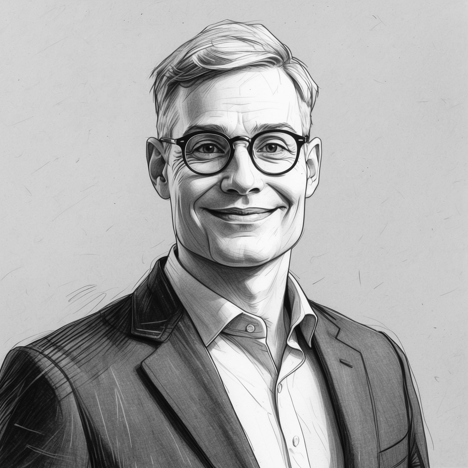 Man in suit and glasses smiles, head and shoulders portrait, grayscale.