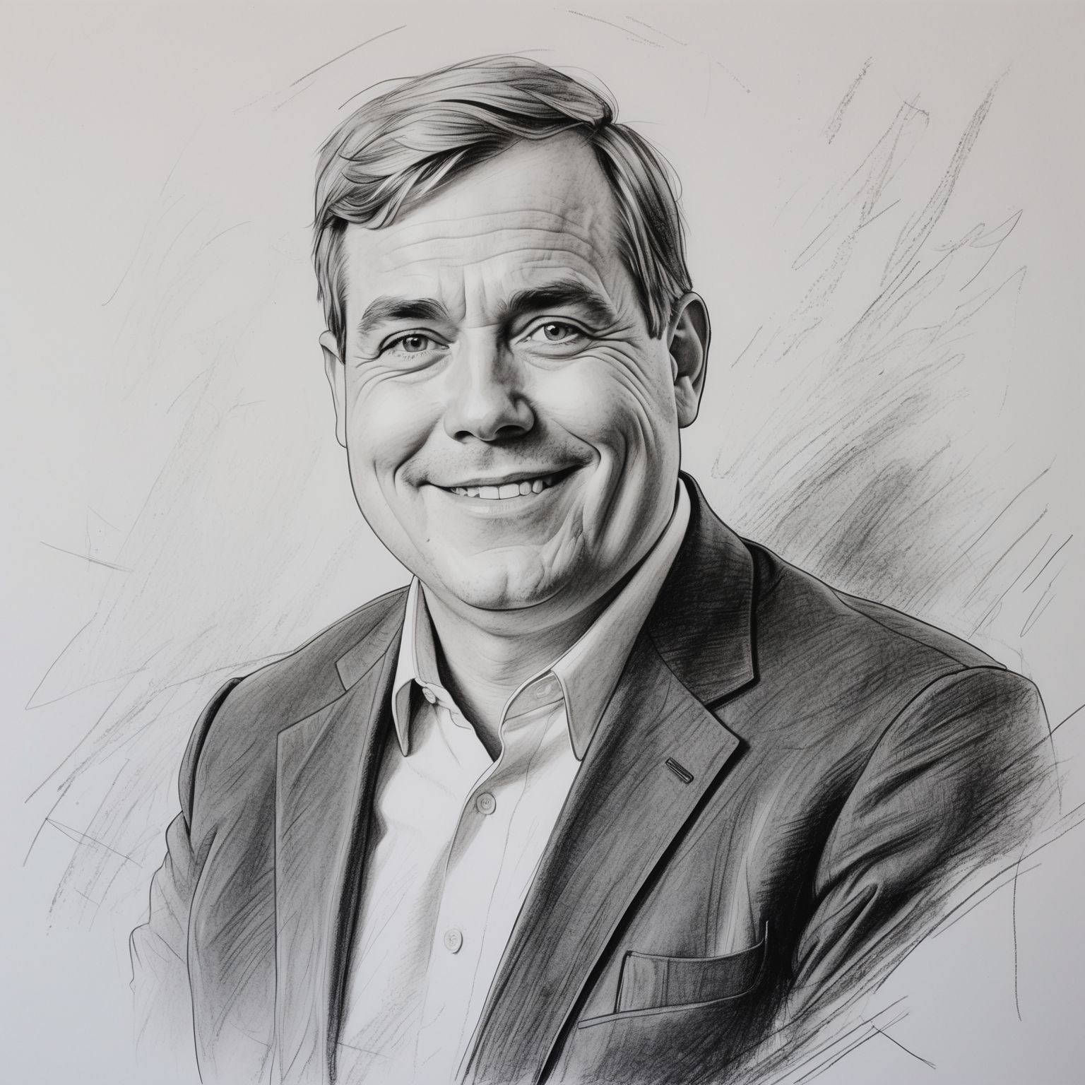 Charcoal portrait of a man smiling in a suit jacket and button-down shirt.