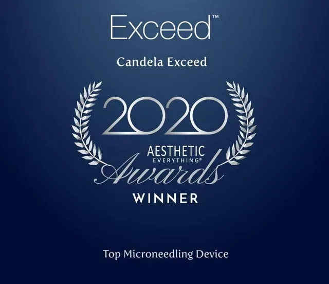 A blue sign that says exceed candela exceed 2020 aesthetic awards winner