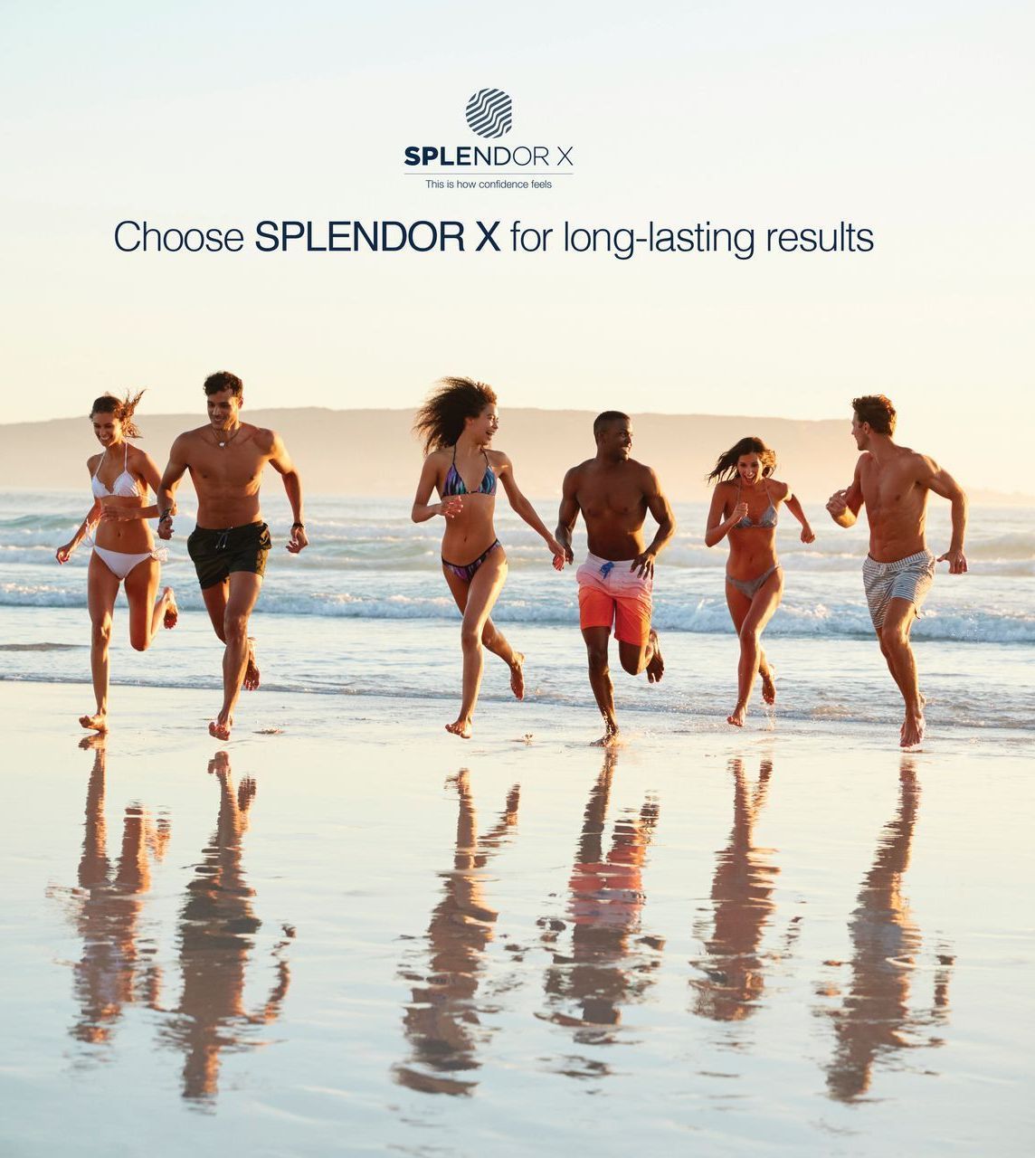 A group of people running on a beach with the words choose splendor x for long-lasting results