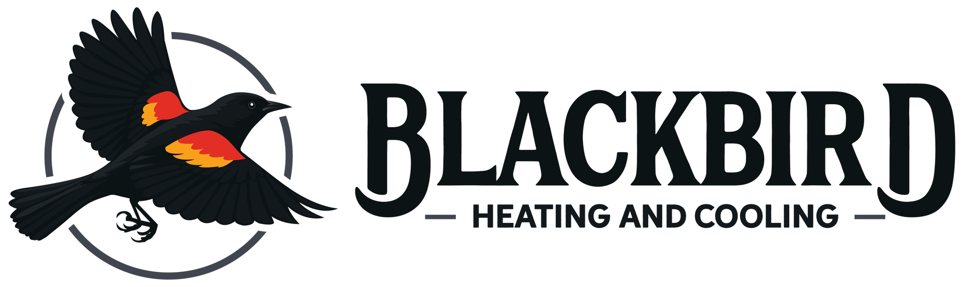 Blackbird Heating and Cooling logo with black bird in flight, red shoulder patches, and a circle.